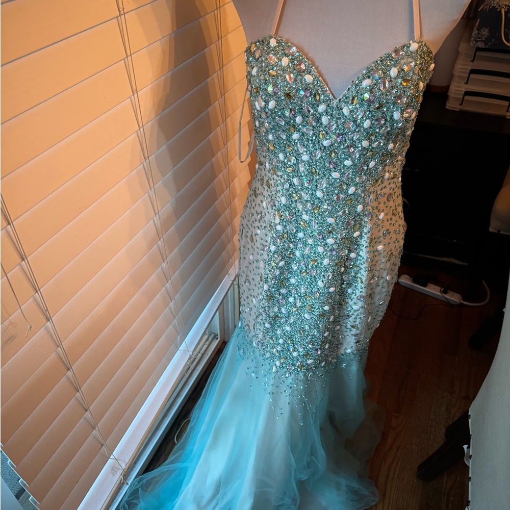 Terani Couture Elegant Teal and Cream Gown